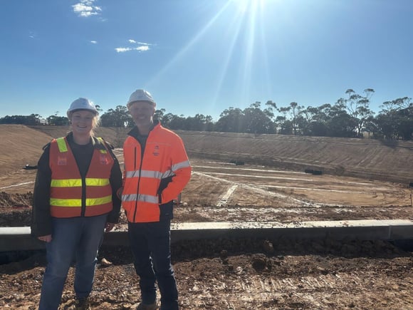 Gippsland Water managing director Sarah Cumming and senior project delivery lead David Peake at the Clarkes Road water basin recently